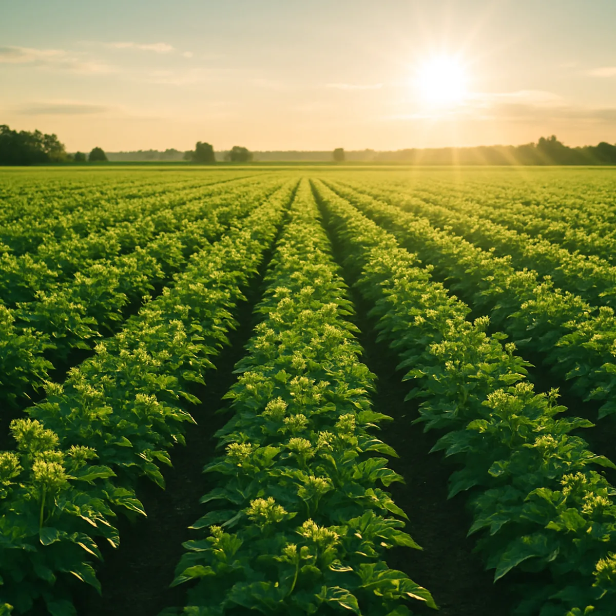 Rows of healthy crops at sunrise
