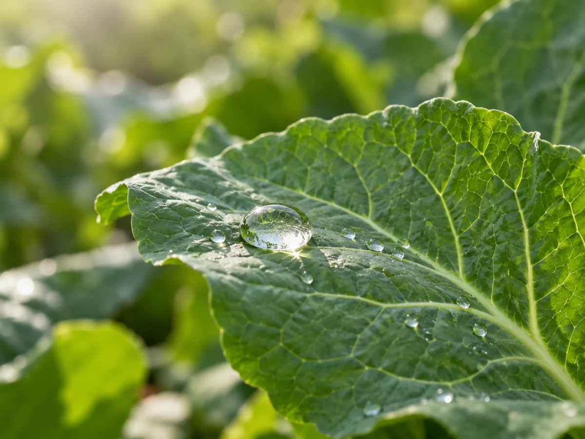 A dew drop held on a crop leaf at sunrise