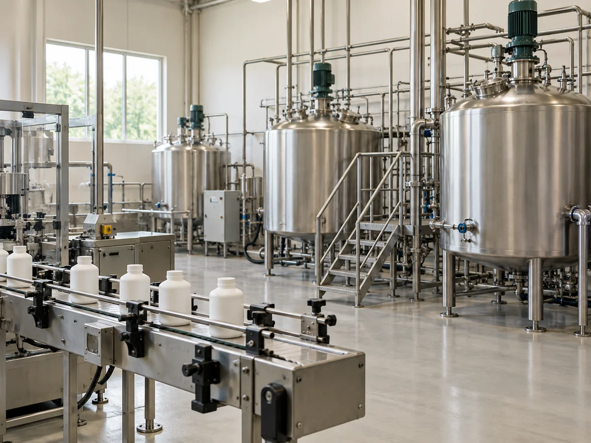 Stainless fermentation vessels and a bottling line inside the Kriya plant