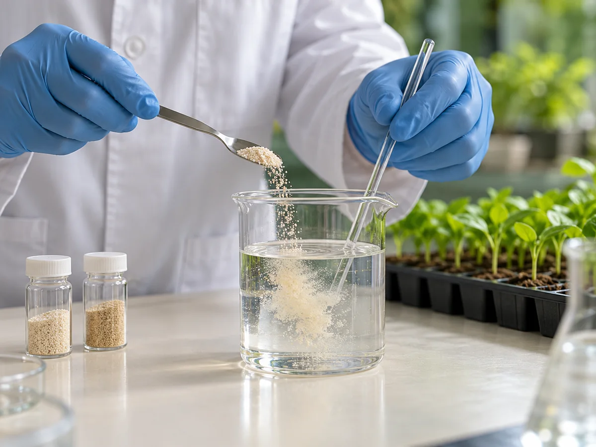 Granules dissolving into solution beside trays of seedlings