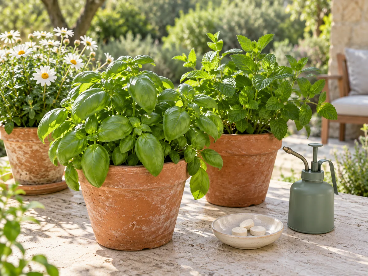 Potted herbs beside a dish of Neutabs effervescent tablets and a mister