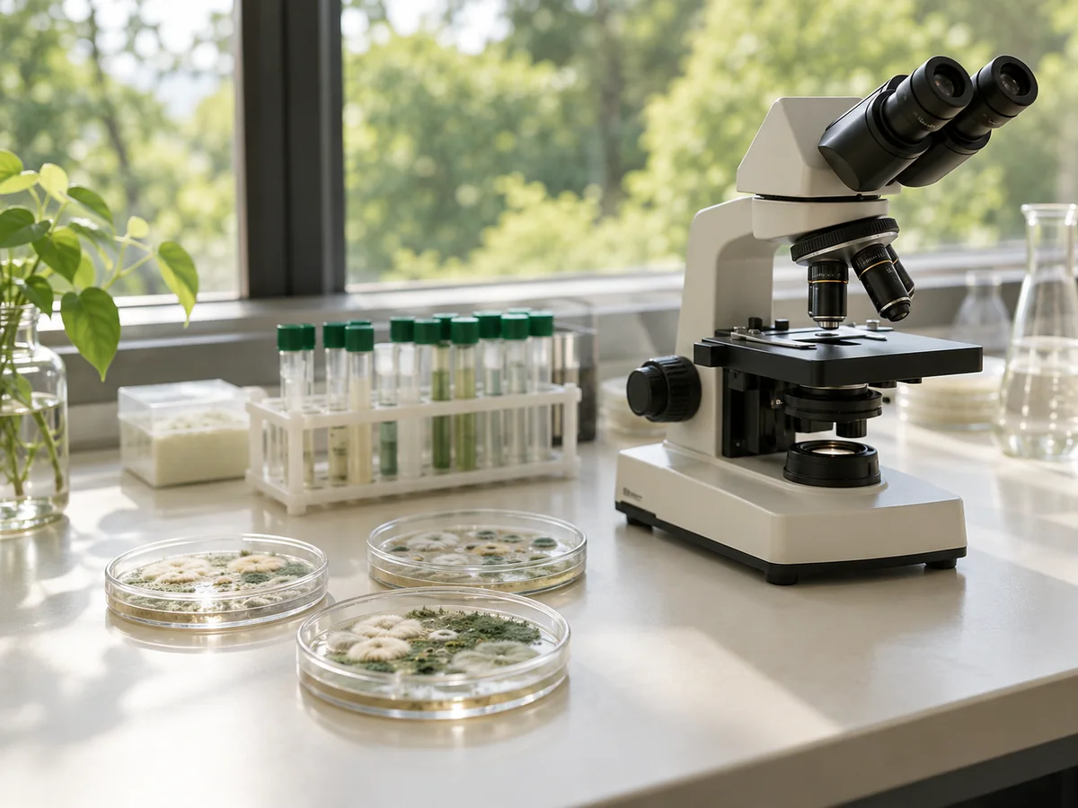 Microscope and culture plates in the Kriya microbiology laboratory