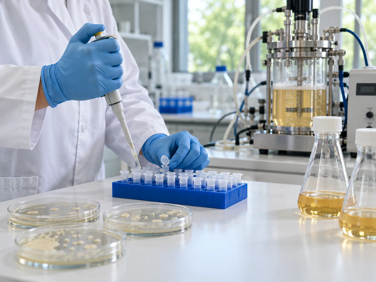 Pipetting culture samples beside a laboratory bioreactor